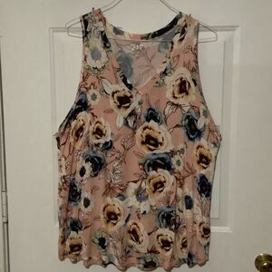 Floral V-Neck Tank Top - Peach and Navy